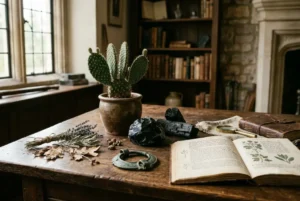 Elementos naturales simbólicos como plantas, minerales y materiales orgánicos representando tradiciones culturales de protección y equilibrio.