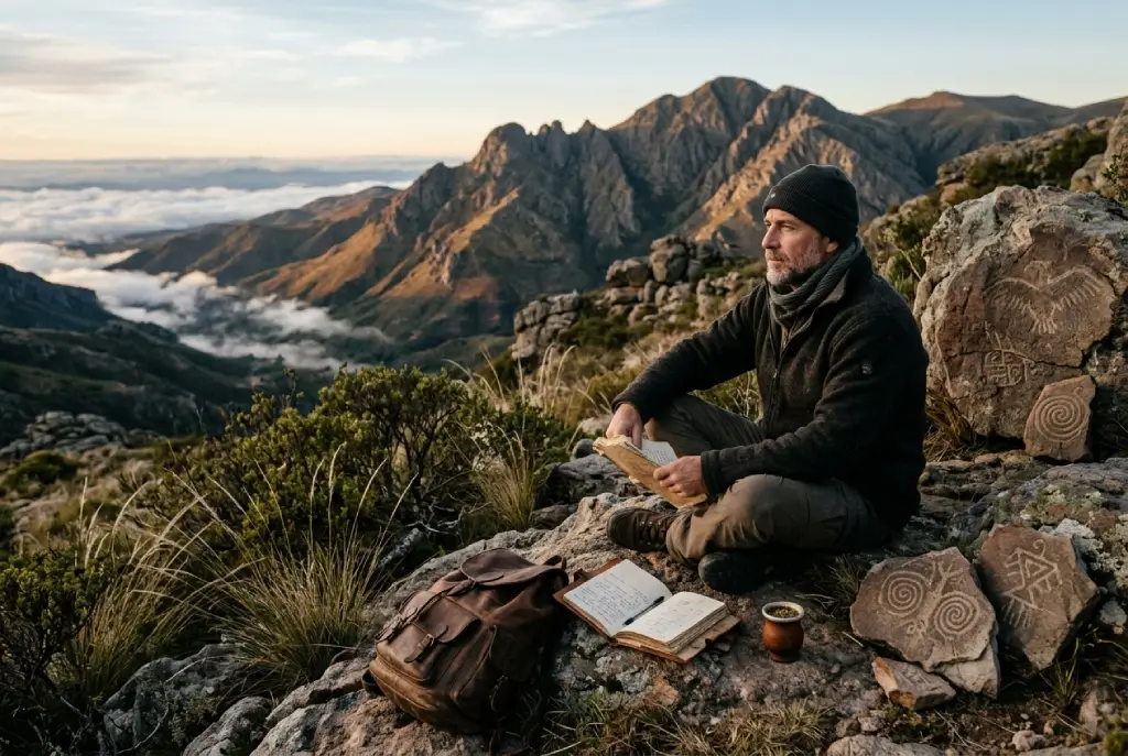 Seres de Erks y Cerro Uritorco representados simbólicamente en un paisaje montañoso argentino con elementos de espiritualidad y contemplación.