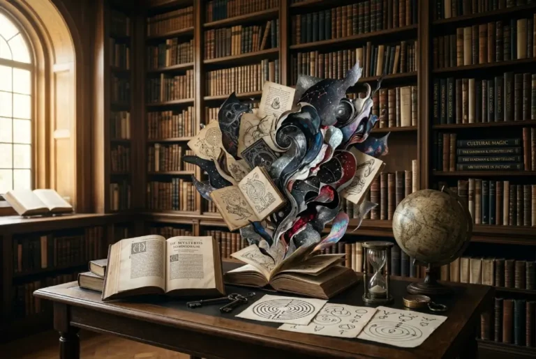 Representación simbólica de sueños, magia y caos en el universo fantástico de The Sandman con manuscritos antiguos y elementos mitológicos.