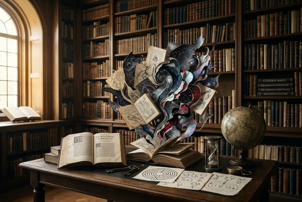 Representación simbólica de sueños, magia y caos en el universo fantástico de The Sandman con manuscritos antiguos y elementos mitológicos.