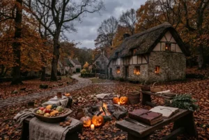 Celebración de Halloween con símbolos otoñales, calabazas, luz de velas y elementos históricos que representan el origen cultural y la evolución de la festividad.