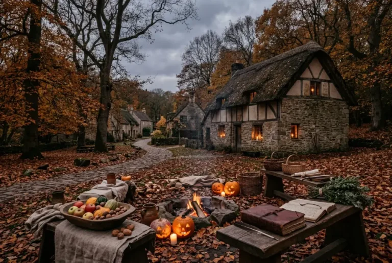 Celebración de Halloween con símbolos otoñales, calabazas, luz de velas y elementos históricos que representan el origen cultural y la evolución de la festividad.
