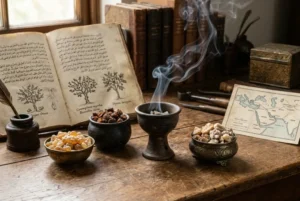 Incienso, mirra y benjuí sobre un recipiente ritual junto a manuscritos antiguos.