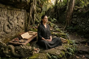 Representación simbólica de la energía del Dragón y la Kundalini con elementos naturales, meditación, tradiciones espirituales y conexión con la conciencia interior.