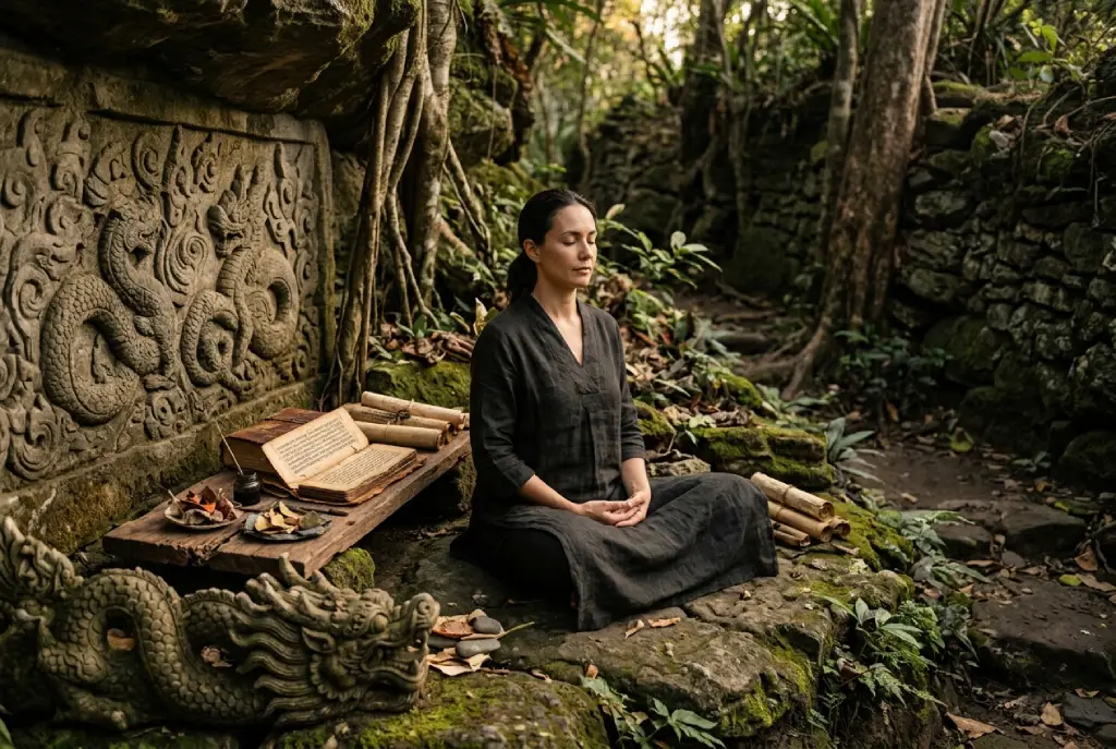 Representación simbólica de la energía del Dragón y la Kundalini con elementos naturales, meditación, tradiciones espirituales y conexión con la conciencia interior.