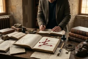 Linking Sigil rojo representado sobre un manuscrito antiguo en una escena editorial sobre simbolismo, espiritualidad contemporánea y conexión colectiva.