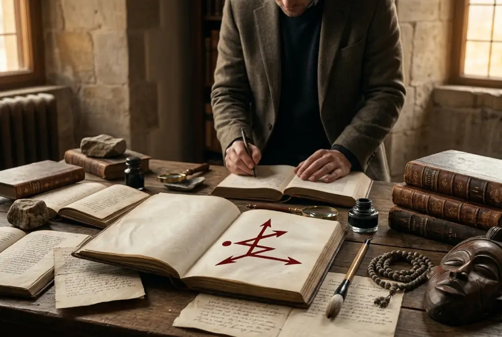 Linking Sigil rojo representado sobre un manuscrito antiguo en una escena editorial sobre simbolismo, espiritualidad contemporánea y conexión colectiva.