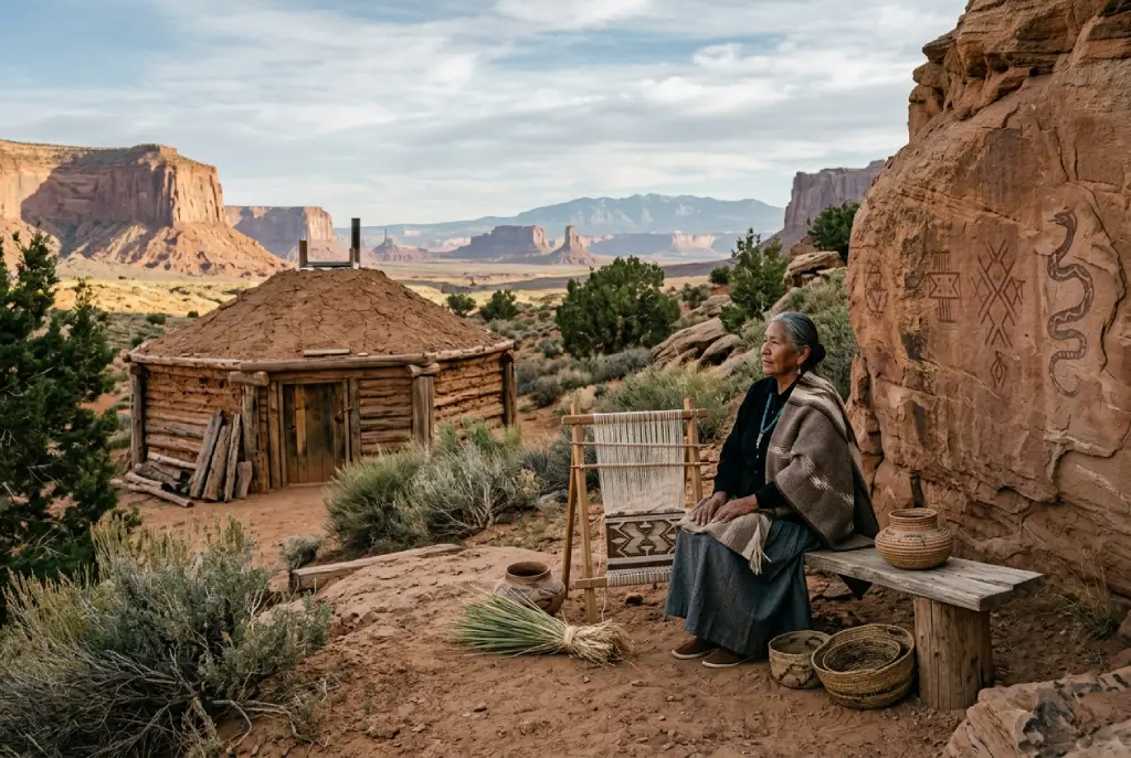 Paisaje de la Nación Navajo con elementos culturales tradicionales que representan la identidad, memoria ancestral y conexión espiritual con la tierra.