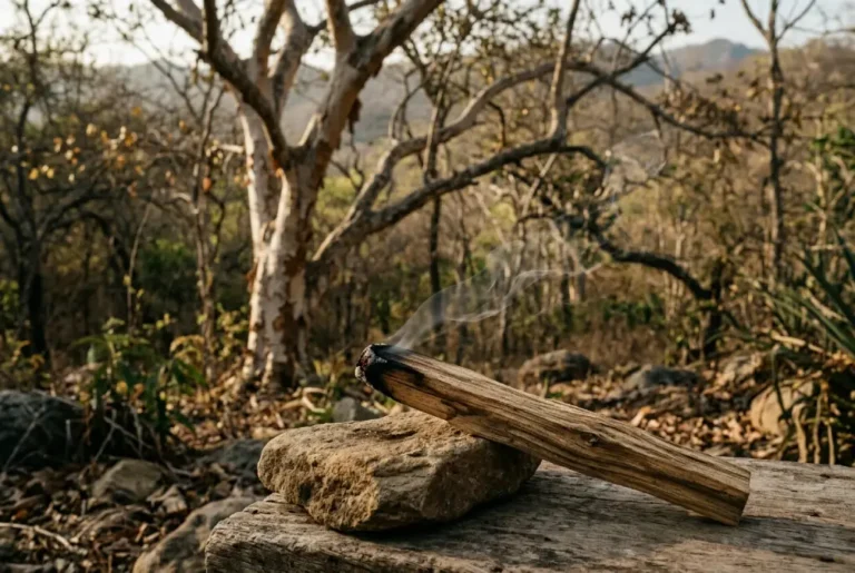 Palo santo en madera sobre una superficie natural, representando su uso ritual y significado espiritual.