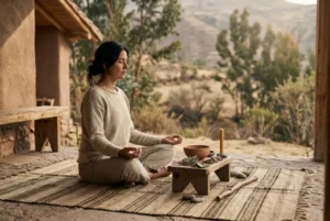 Persona meditando en un entorno natural con elementos rituales de terapia espiritual y sabiduría ancestral.