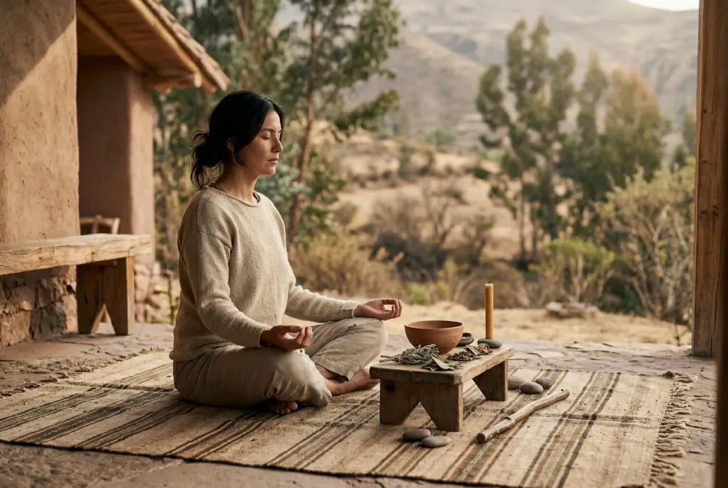 Persona meditando en un entorno natural con elementos rituales de terapia espiritual y sabiduría ancestral.