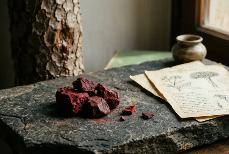 Sangre de drago, resina roja de un árbol Dracaena sobre piedra natural