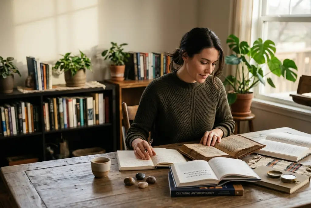 Terapeuta estudiando libros antiguos y conocimientos contemporáneos sobre bienestar en un espacio de reflexión con elementos naturales y culturales.