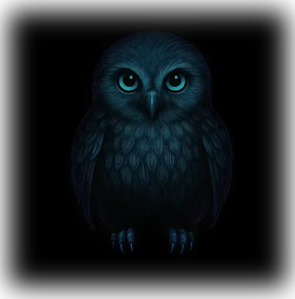 Ave caburé cian sobre fondo negro, mascota sagrada del sitio Gabinete Alternativo