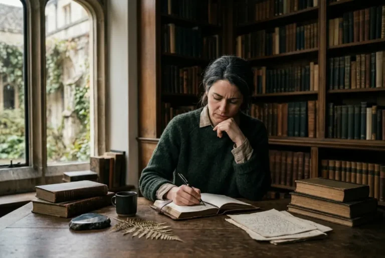 Persona reflexionando junto a libros, manuscritos y elementos simbólicos en un entorno natural, representando la búsqueda de sentido y la sabiduría interior.