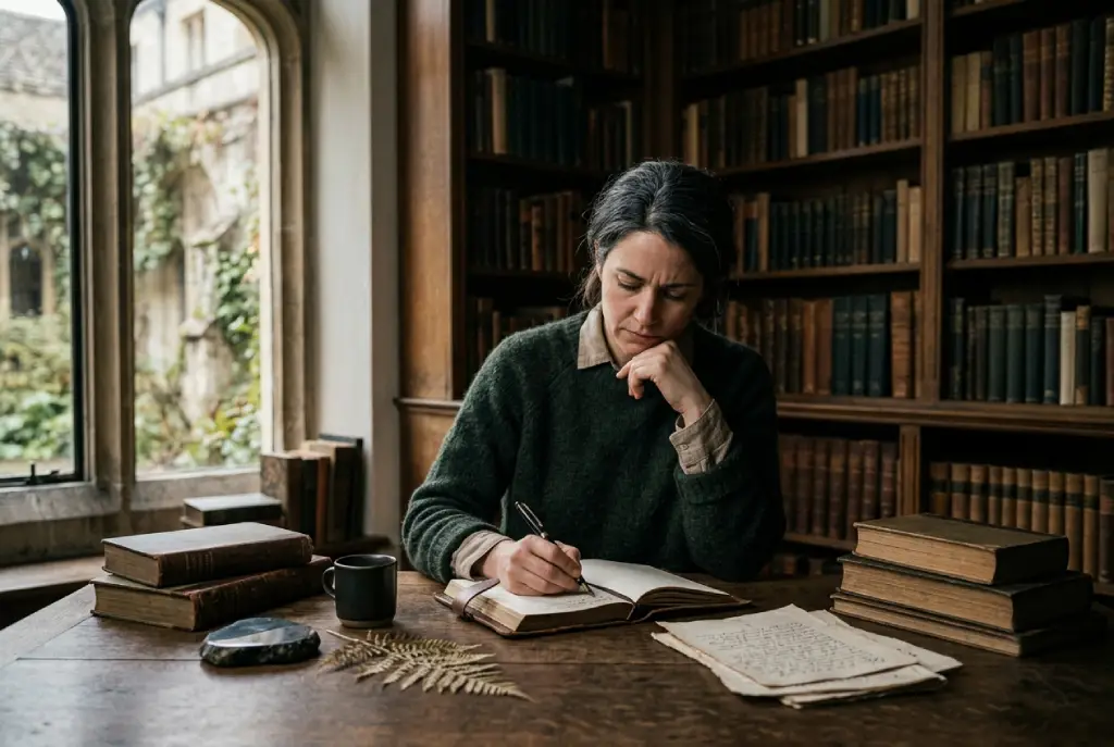 Persona reflexionando junto a libros, manuscritos y elementos simbólicos en un entorno natural, representando la búsqueda de sentido y la sabiduría interior.