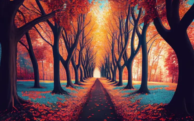 Sendero natural rodeado de árboles frondosos coloridoas que simboliza un camino con corazón y conexión espiritual