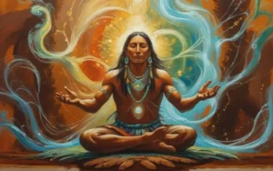 Chamán en conexión espiritual rodeado de energías sutiles y guías del plano invisible