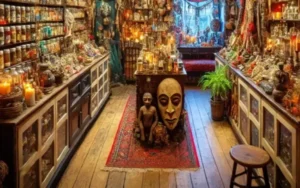 Artículos esotéricos tradicionales utilizados en prácticas de Hoodoo, como aceites, hierbas, velas, minerales y amuletos mágicos