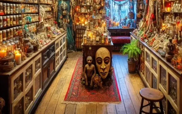 Artículos esotéricos tradicionales utilizados en prácticas de Hoodoo, como aceites, hierbas, velas, minerales y amuletos mágicos