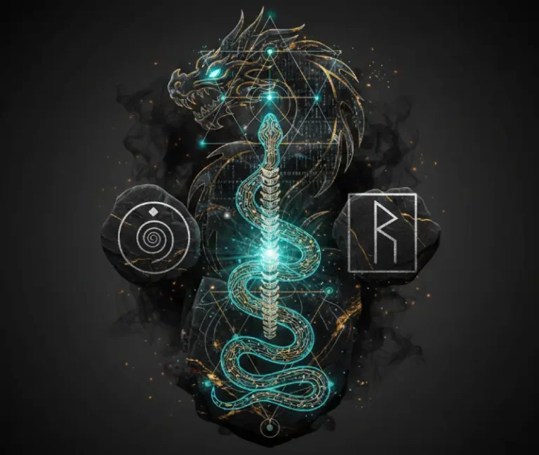 Simbología de Kundalini y Dragón en estética Negro Carbón y oro.