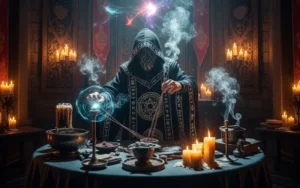Una imagen de un ritual de magia ceremonial en una habitación gótica con poca luz.