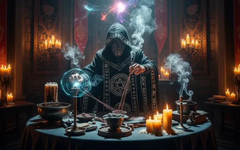 Una imagen de un ritual de magia ceremonial en una habitación gótica con poca luz.