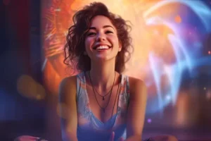 Joven mujer multipotencial sonriendo, rodeada de libros y elementos creativos, representando felicidad y plenitud personal.