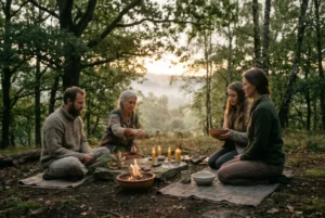 Varias personas realizan un ritual simbólico al amanecer en un entorno natural, rodeadas de elementos como fuego, agua, piedras y plantas.