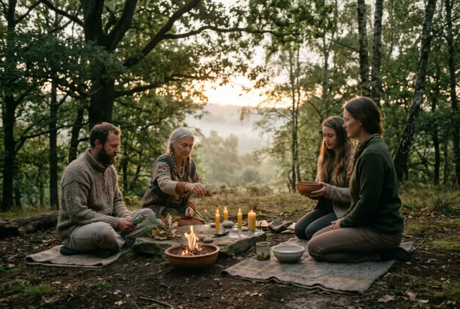 Varias personas realizan un ritual simbólico al amanecer en un entorno natural, rodeadas de elementos como fuego, agua, piedras y plantas.
