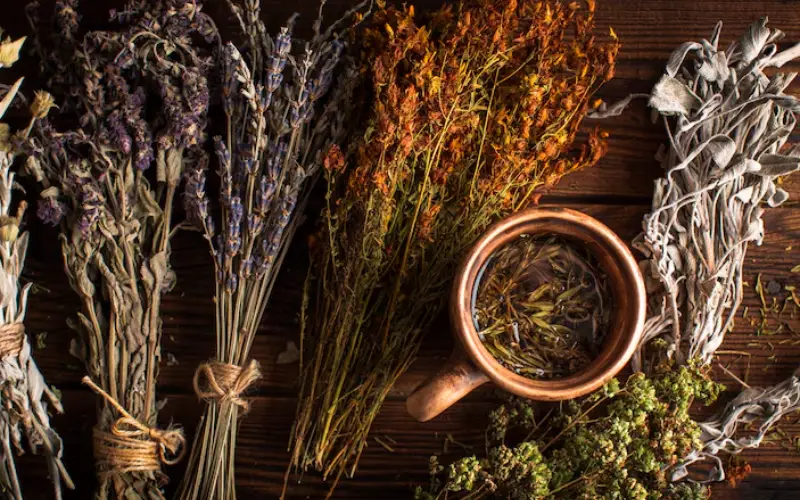 Manojo de hierbas recolectadas para uso espiritual y ritual, representando conexión con la naturaleza y prácticas ancestrales