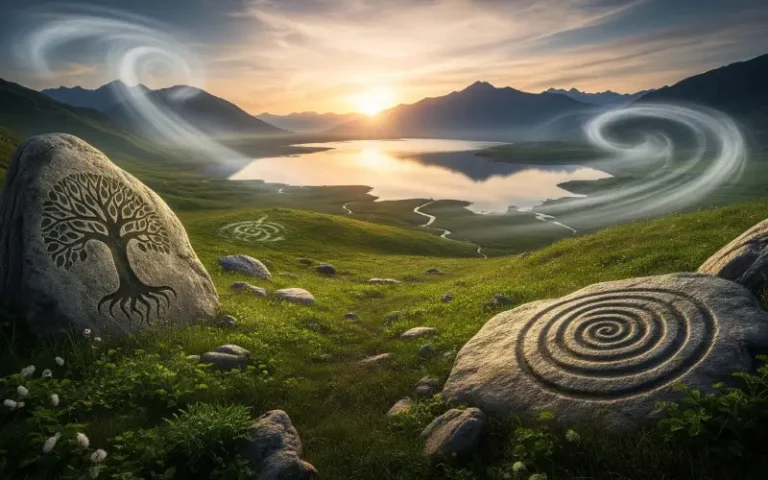 Paisaje natural con tierra, agua, fuego y aire, y símbolos ancestrales