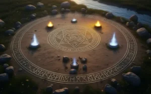 Ritual mágico de los cuatro elementos al atardecer. Círculo con fuego, agua, tierra y aire.