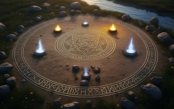 Ritual mágico de los cuatro elementos al atardecer. Círculo con fuego, agua, tierra y aire.