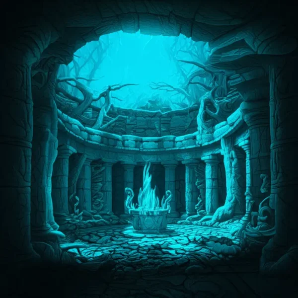 Una escena fantástica, tenuemente iluminada y representada completamente en tonos cian. La imagen muestra el interior de un antiguo templo, posiblemente pagano. Arcos de piedra enmarcan la vista, que conduce a una cámara circular llena de pilares desgastados adornados con tallas. En el centro de la cámara, una estructura de altar de piedra sostiene una llama etérea y parpadeante de color cian. El suelo está hecho de losas de piedra irregulares, y el fondo sugiere que el templo está construido dentro o rodeado por un espacio cavernoso con estructuras orgánicas, similares a raíces, visibles. El ambiente general es misterioso y de otro mundo, enfatizando la naturaleza antigua y quizás mágica del templo.