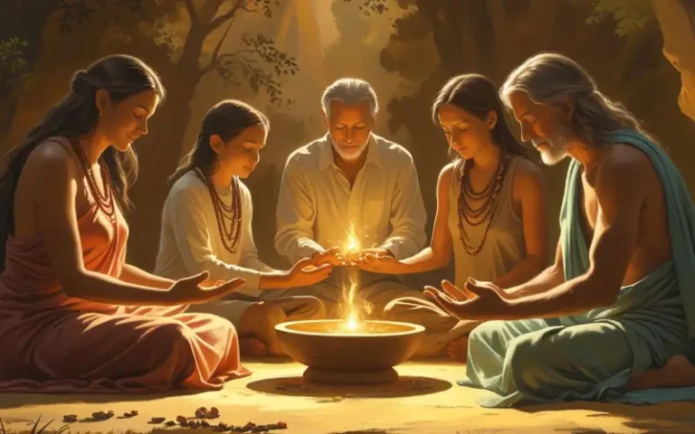 Grupo de personas reunidas alrededor de un fuego sagrado, realizando terapias ancestrales de sanación y conexión espiritual