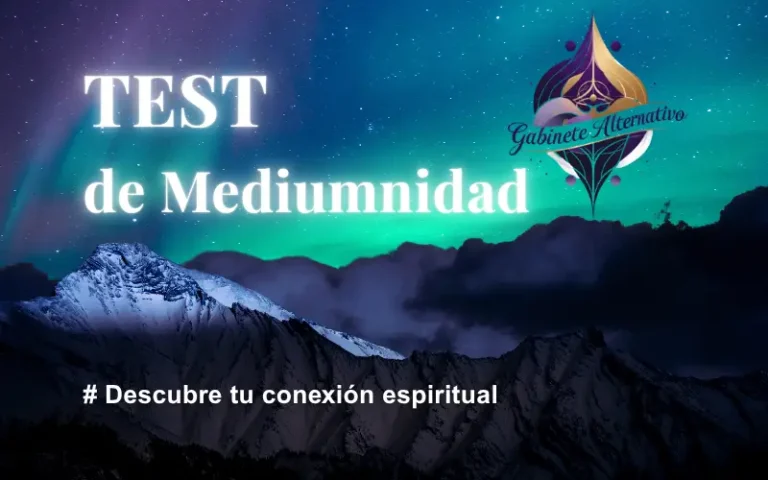 Imagen que muestra un test de mediumnidad con preguntas y respuestas, con un diseño místico y símbolos espirituales en el fondo.