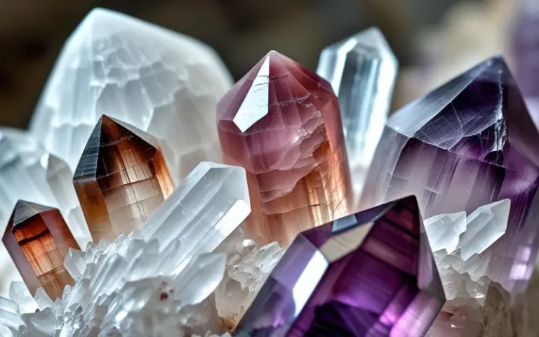 Turmalina negra, amatista y selenita blanca dispuestas en altar espiritual como protección y equilibrio energético