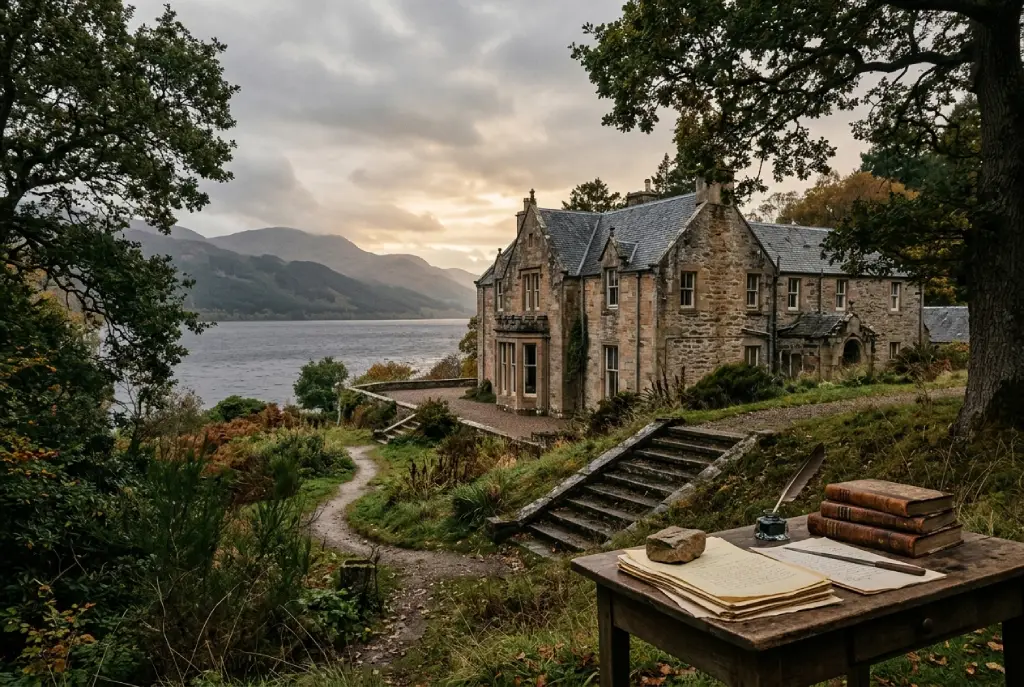 Boleskine House en Escocia junto al Lago Ness, mansión histórica rodeada de paisaje montañoso y simbolismo cultural asociado al esoterismo moderno.