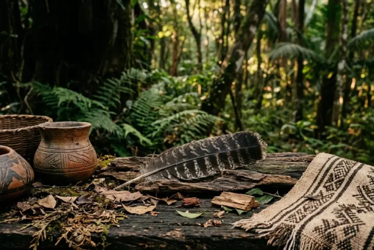 Pluma de caburé sobre elementos naturales del bosque sudamericano como símbolo de tradición ancestral, protección simbólica y conexión con la naturaleza.