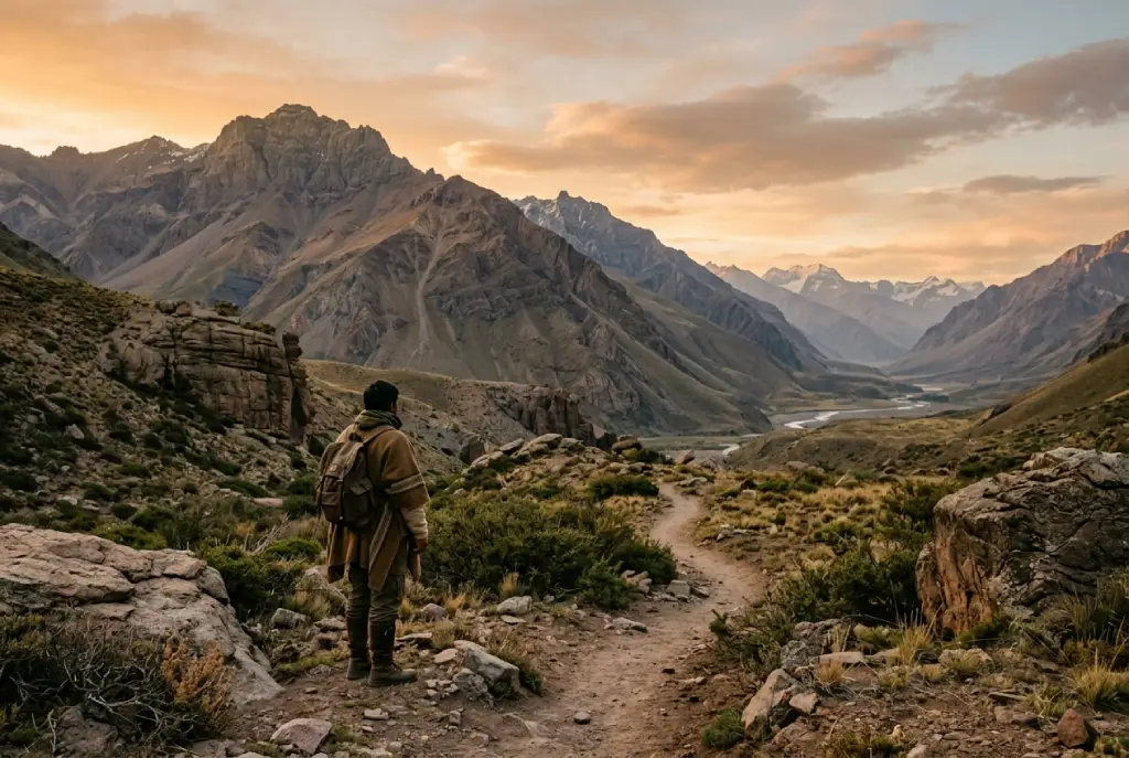 Puntos de poder en Argentina representados por un paisaje natural con montañas, formaciones rocosas y una persona contemplando el entorno, símbolo de conexión cultural con la naturaleza.