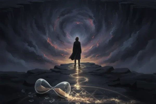 Una figura solitaria de espaldas, con una capa oscura, se encuentra al borde de un abismo gigantesco. En el fondo del abismo, hay un vórtice oscuro y flameante que emite una luz rojiza y anaranjada. Un sendero iluminado serpentea desde la figura hacia el borde del precipicio. En primer plano, un reloj de arena roto derrama arena luminosa que forma símbolos esotéricos.