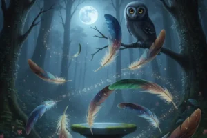 Un ave caburé (mochuelo/lechuza) con ojos amarillos intensos se posa en una rama en un bosque mágico y oscuro, iluminado por la luz de una luna llena. Alrededor de un antiguo pedestal de piedra, varias plumas grandes del ave, de tonos azules, marrones y verdes iridiscentes, flotan en el aire, rodeadas por una espiral de runas ancestrales doradas y pequeñas chispas de luz mágica. La escena evoca el poder protector y la sabiduría mística asociados a los amuletos y la energía sagrada del caburé.