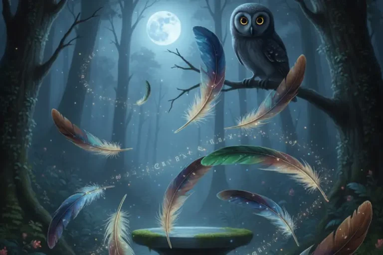 Un ave caburé (mochuelo/lechuza) con ojos amarillos intensos se posa en una rama en un bosque mágico y oscuro, iluminado por la luz de una luna llena. Alrededor de un antiguo pedestal de piedra, varias plumas grandes del ave, de tonos azules, marrones y verdes iridiscentes, flotan en el aire, rodeadas por una espiral de runas ancestrales doradas y pequeñas chispas de luz mágica. La escena evoca el poder protector y la sabiduría mística asociados a los amuletos y la energía sagrada del caburé.