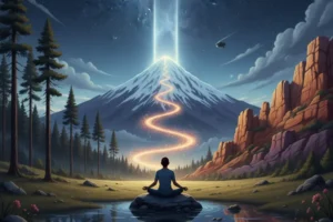 Ilustración apaisada de una figura humana meditando en posición de loto sobre una roca en el borde de un tranquilo cuerpo de agua, reflejándose en él. Al fondo, bajo un cielo nocturno estrellado con la Vía Láctea, una imponente montaña nevada se alza con un sendero luminoso que asciende hacia dos haces de luz que se proyectan desde su cima hacia el espacio. A la izquierda, un denso bosque de pinos, y a la derecha, formaciones rocosas erosionadas de tonos cálidos. Un objeto volador no identificado se divisa sutilmente en el cielo.