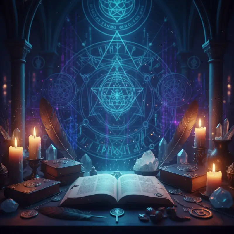 Altar ceremonial iluminado en cian y violeta con libros, cristales y talismanes