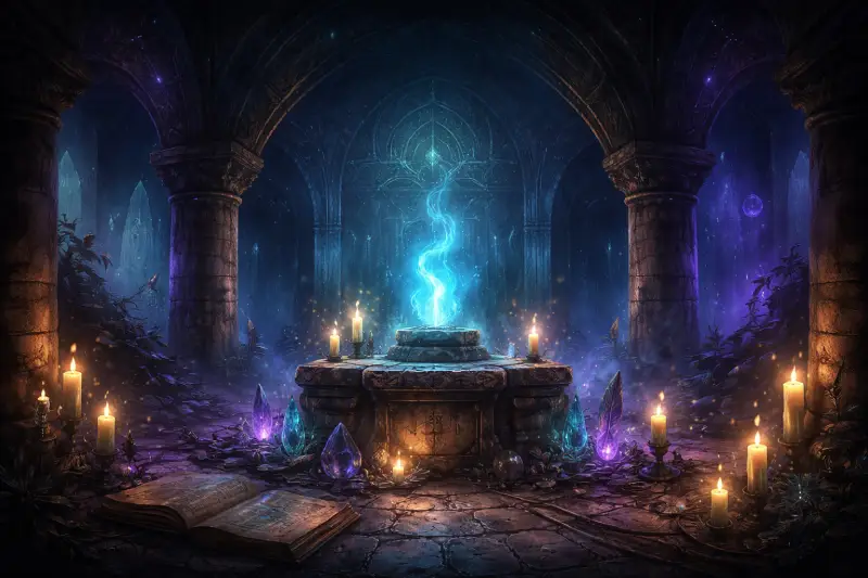 Altar pagano iluminado en cian y violeta con libros, cristales y velas.