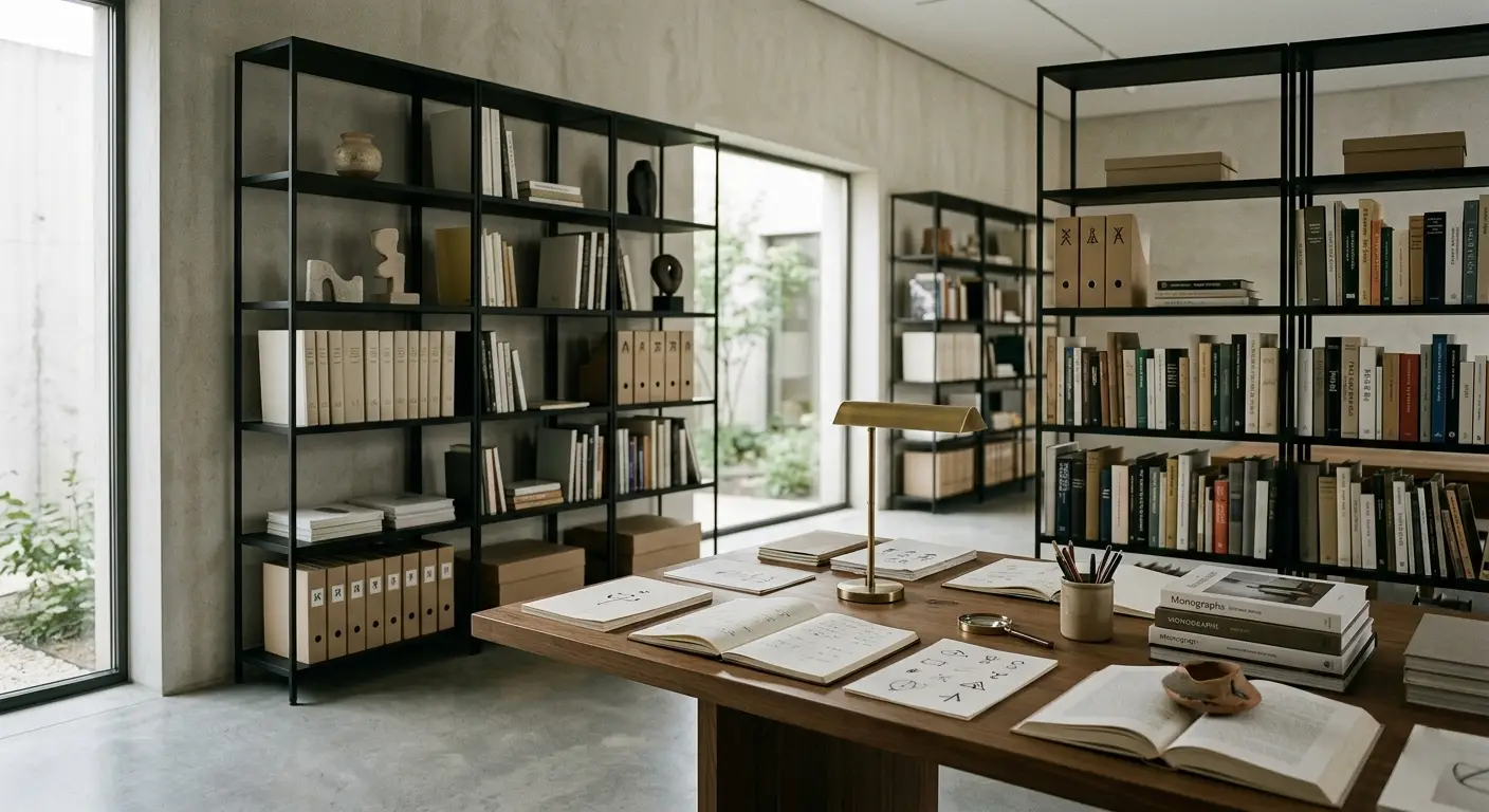 Espacio de archivo cultural con libros y luz suave que sugiere exploración de símbolos y narrativas.