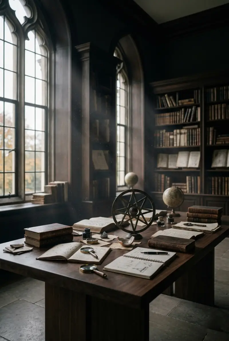 Escena editorial de gabinete contemporáneo con libros y luz natural creando una atmósfera de exploración simbólica y cultural.