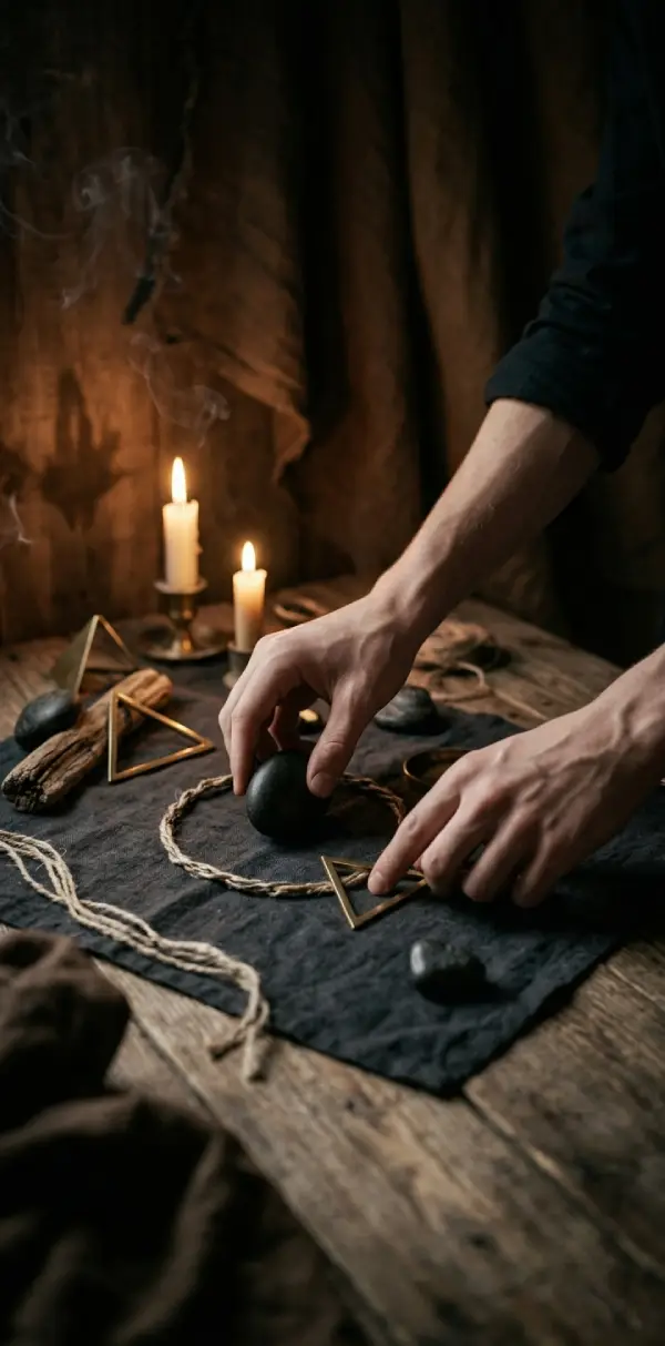 Manos en una escena ritual con velas y sombras suaves en un ambiente íntimo y simbólico.